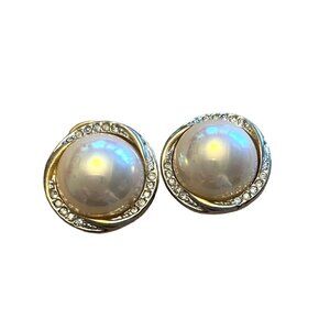 Vintage Round Faux Pearl Gold Crystal Pierced Stud Earrings, Antique Jewelry